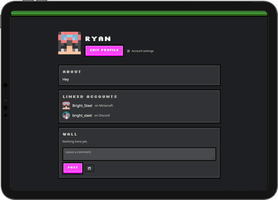 A member's profile, with their linked Minecraft and Discord accounts and a wall